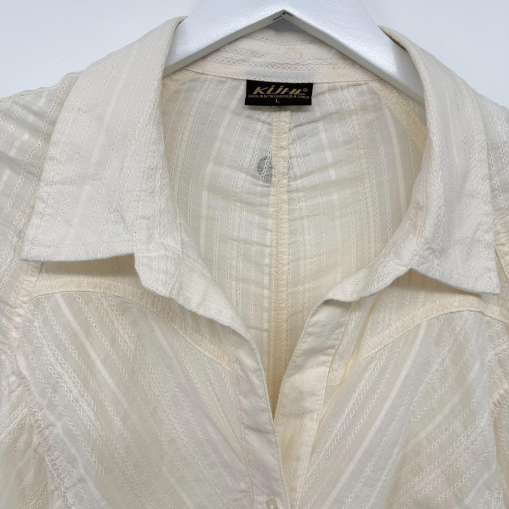 Vintage Kuhl Top Shirt Blouse Size Large Ruched Button Up Quiet Luxury Neutral - Picture 5 of 14